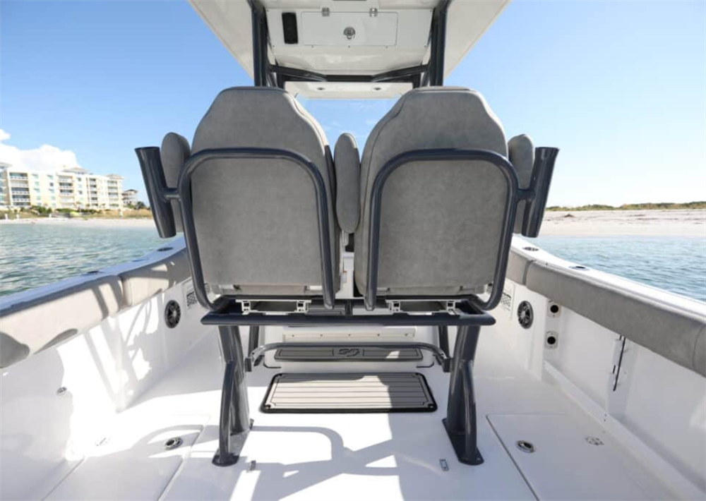 Back view of the custom Siesta Sport Chairs onboard a Sea Fox 368 Commander. These feature a vinyl fabric backing.